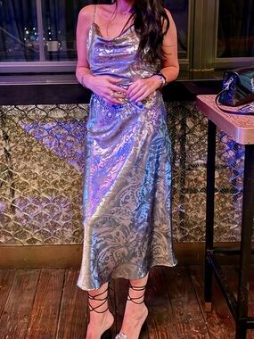 ZARA: Silver Slip Dress with Subtle Pattern